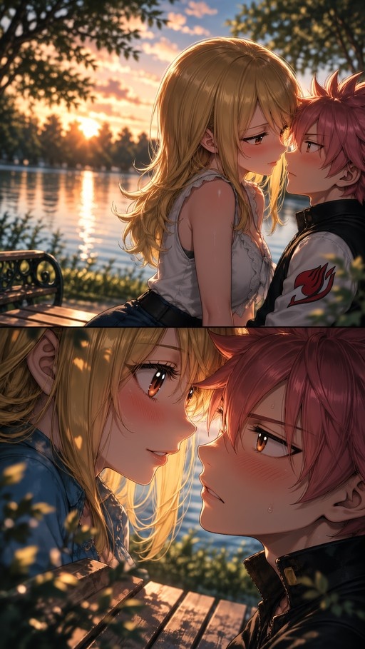 Lucy Heartfilia and Natsu Dragneel from Fairy Tail sit close on a bench by a lake at sunset, sharing an intimate, blushing gaze.