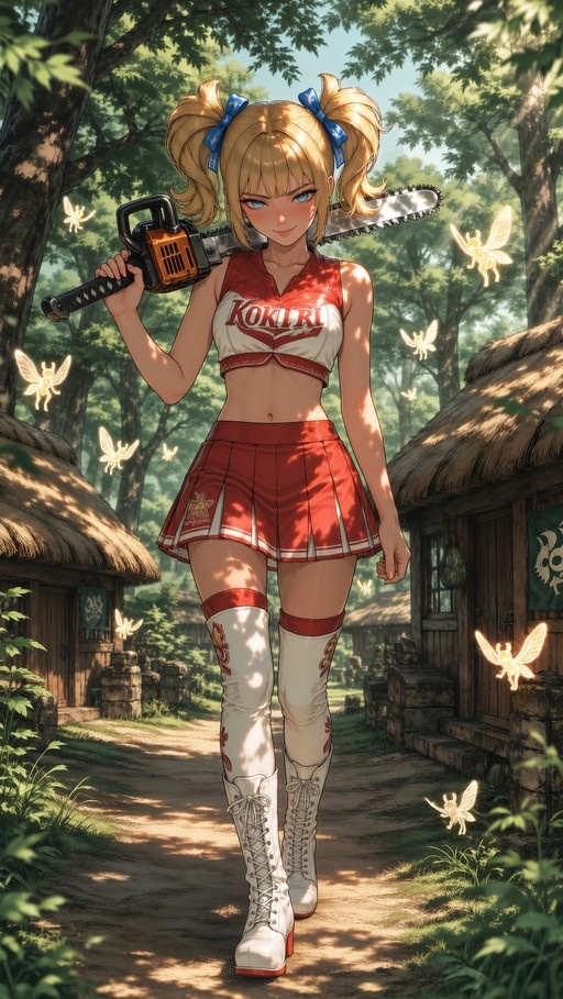 Juliet Starling from Lollipop Chainsaw wearing a red Kokiri cheerleader uniform and holding a chainsaw in a forest village with fairies.