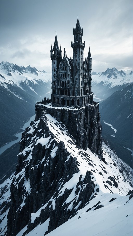 A dark gothic castle with multiple spires sits on a snowy mountain peak surrounded by rugged terrain and clouds.