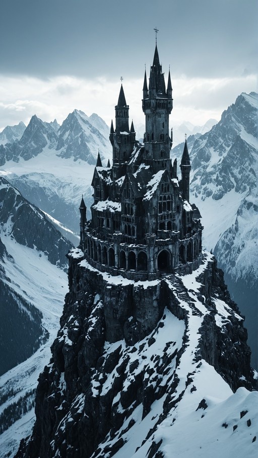 A dark gothic castle with tall spires perched on a snow-covered rocky mountain peak against a cloudy blue sky.