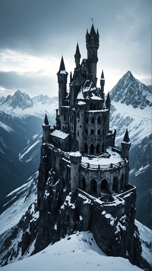 A snowy medieval castle with tall spires sits on a rocky cliff edge against a backdrop of jagged, snow-covered mountains and a cloudy sky.