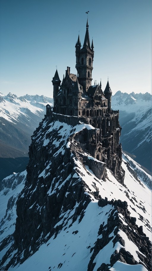 A dark gothic castle with tall spires sits atop a rugged, snow-covered mountain peak under a clear blue sky.