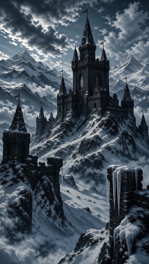 A dark stone castle with tall spires sits on a snowy mountain peak with icicles hanging from the walls and clouds in the background.