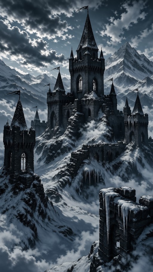 A dark stone castle with multiple pointed towers stands on a snow-covered mountain peak, surrounded by swirling mist and icicles.
