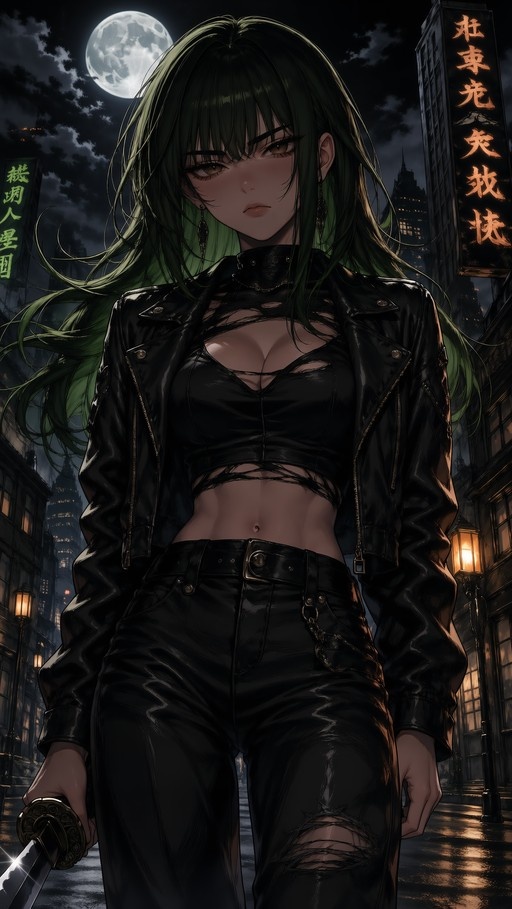 A green-haired woman in a black leather jacket and ripped pants holds a katana on a city street at night under a full moon.