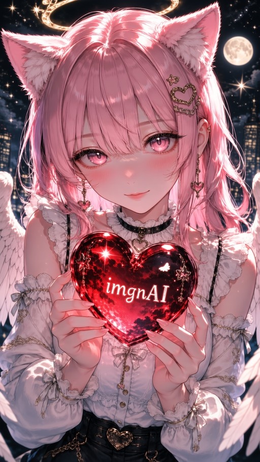 A pink-haired anime girl with cat ears and white angel wings holds a large red heart against a starry night city backdrop.