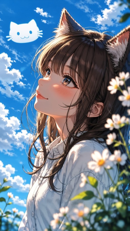 An anime-style illustration of a young woman with long brown hair and fluffy cat ears looking up at a bright blue sky with white clouds. She is wearing a white collared shirt and standing among white flowers, with a small cartoon cat face icon floating in the sky near her head.