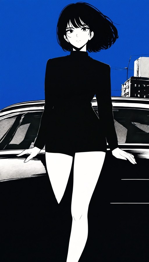 A short-haired woman in a black outfit leans against a car, rendered in black and white against a solid blue sky.