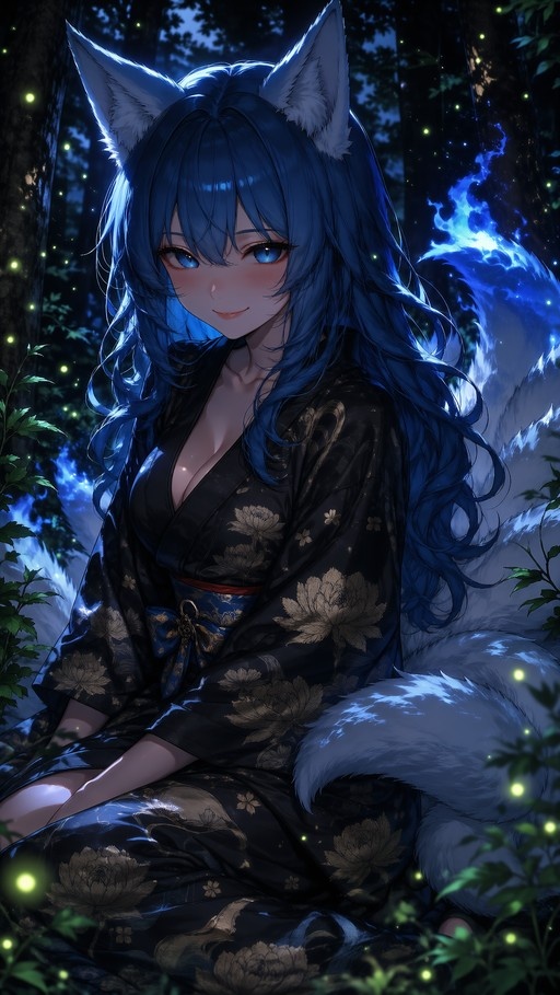 Blue-haired anime girl with fox ears and tails wearing a black floral kimono in a magical forest at night.