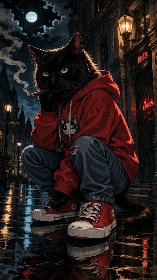 An anthropomorphic black cat wearing a red hoodie and ripped jeans squats on a wet city street at night while smoking a cigar under a full moon.