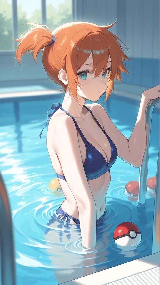 An anime-style illustration of the character Misty from Pokémon standing in a swimming pool wearing a blue bikini and holding the ladder, with floating Poké Balls nearby.