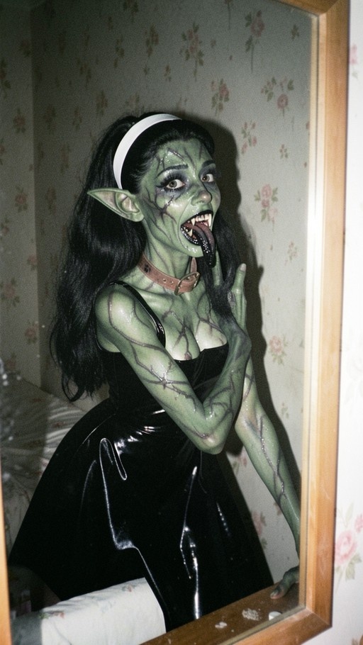 A green-skinned character with pointed ears, fangs, and dark vein markings sticks out a long tongue while looking into a wooden-framed mirror wearing a shiny black dress.
