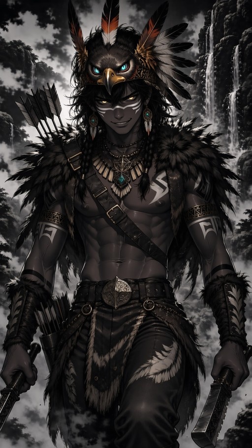 A digital illustration of a muscular dark-skinned male warrior wearing an eagle mask and holding two swords near waterfalls.