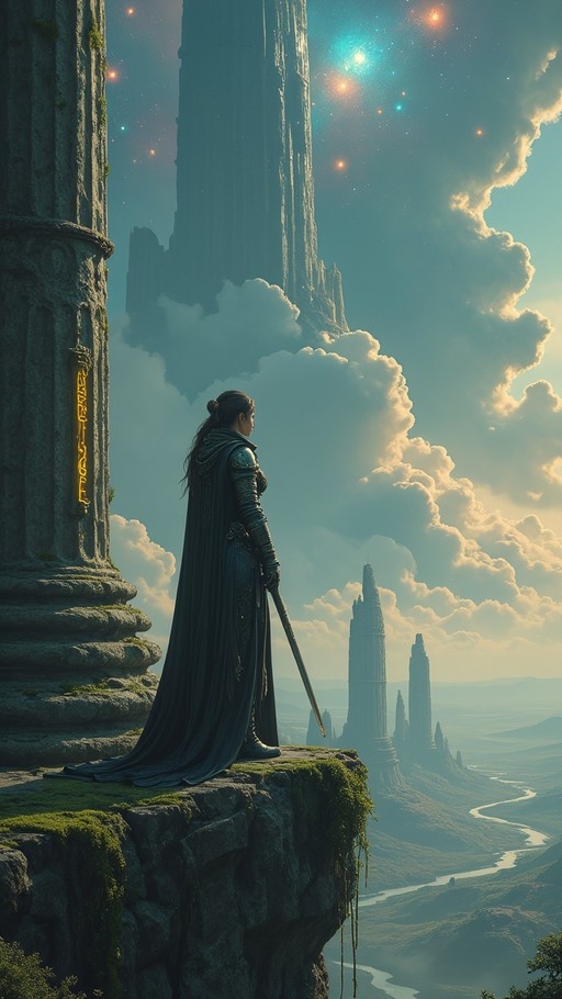 A female warrior in armor and a dark cape stands on a mossy cliff next to a stone pillar with glowing yellow runes, holding a sword while looking out at a vast fantasy landscape of floating rock spires and a starry sky.