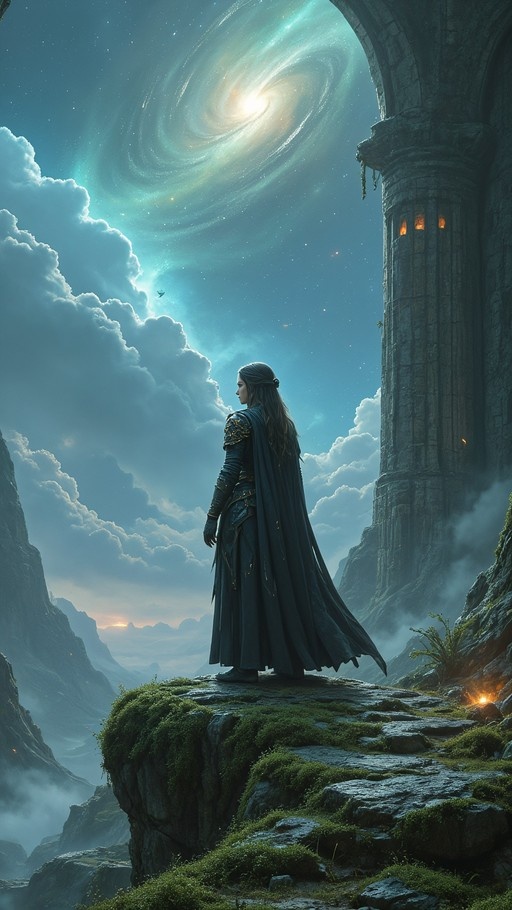 A fantasy warrior with long hair and a dark cape stands on a mossy cliff next to an ancient stone tower, looking up at a large swirling galaxy in the sky.
