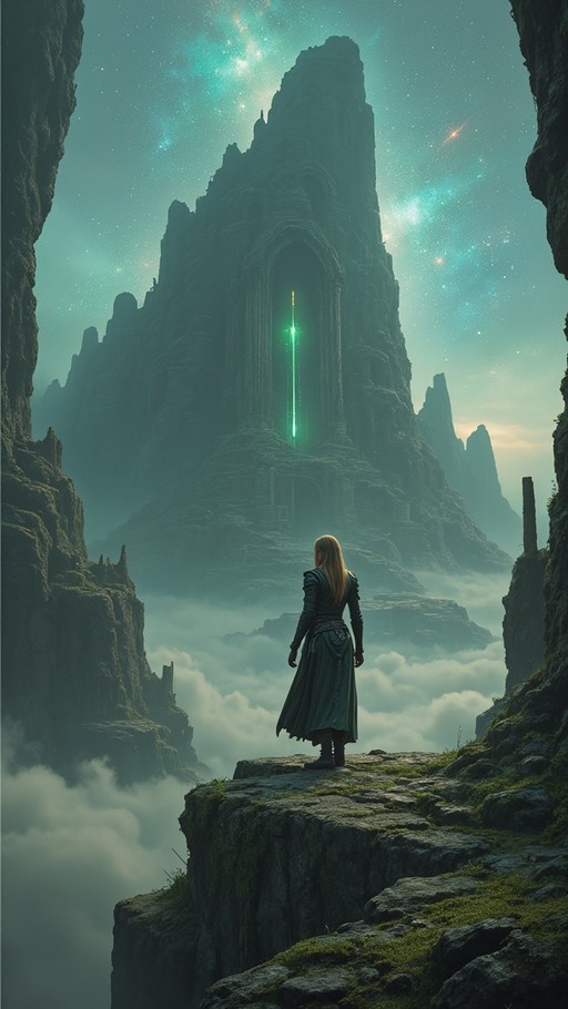 A blonde fantasy character stands on a mossy cliff edge facing away, overlooking a massive stone ruin emitting a vertical beam of green light beneath a starry nebula sky.