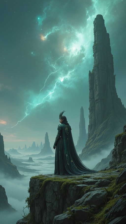 A cloaked figure with a feathered headdress stands on a mossy cliff overlooking a misty valley of jagged rock spires under a teal sky filled with lightning.
