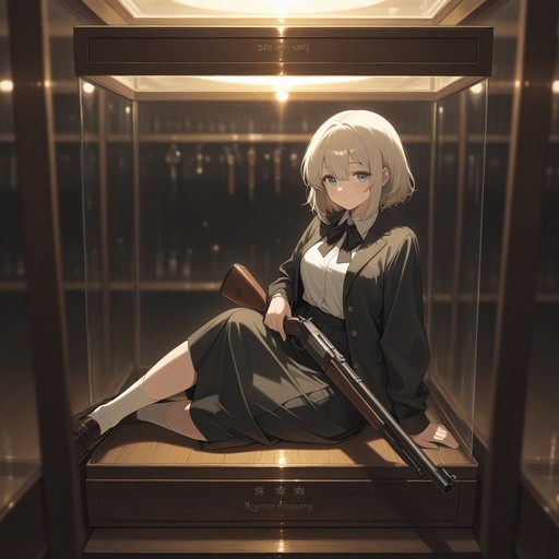 A blonde anime girl in a school uniform sits inside a lit glass display case holding a shotgun.