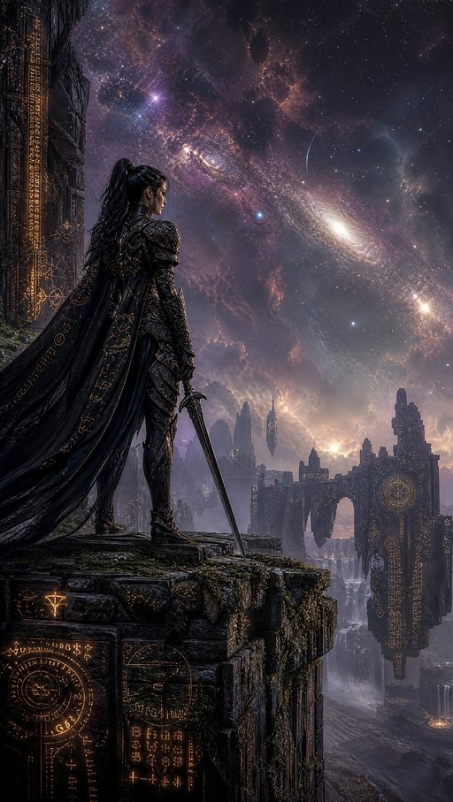 A female warrior in black armor and a flowing cape stands on a mossy stone ledge holding a sword, looking out at a vast galaxy sky with floating castles in the distance.