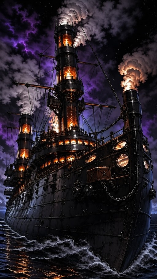A large dark warship with glowing orange windows and smokestacks sailing on a choppy sea under a starry night sky.