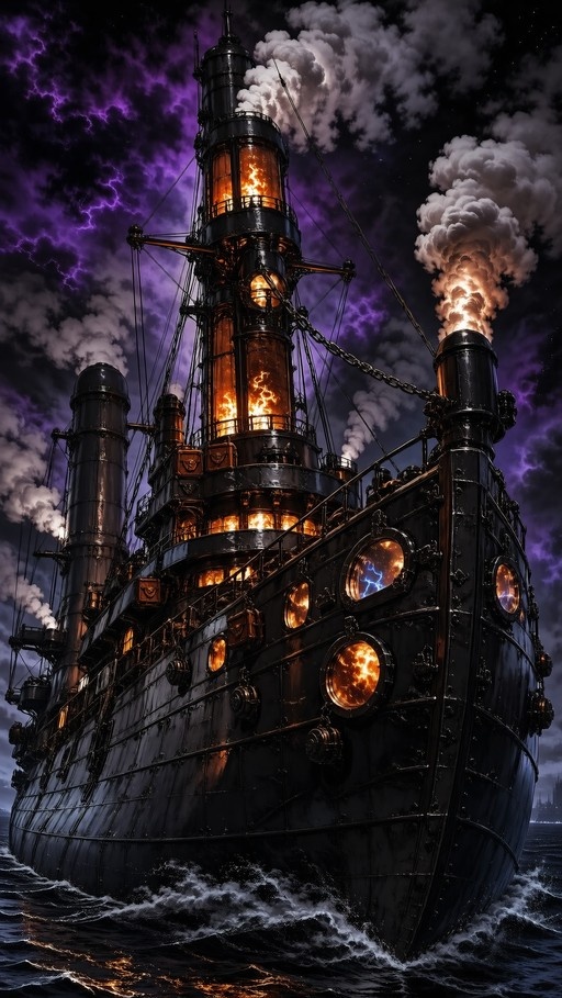 A large dark steampunk ship with glowing orange windows and smoking chimneys sailing on rough seas under a purple lightning-filled sky.