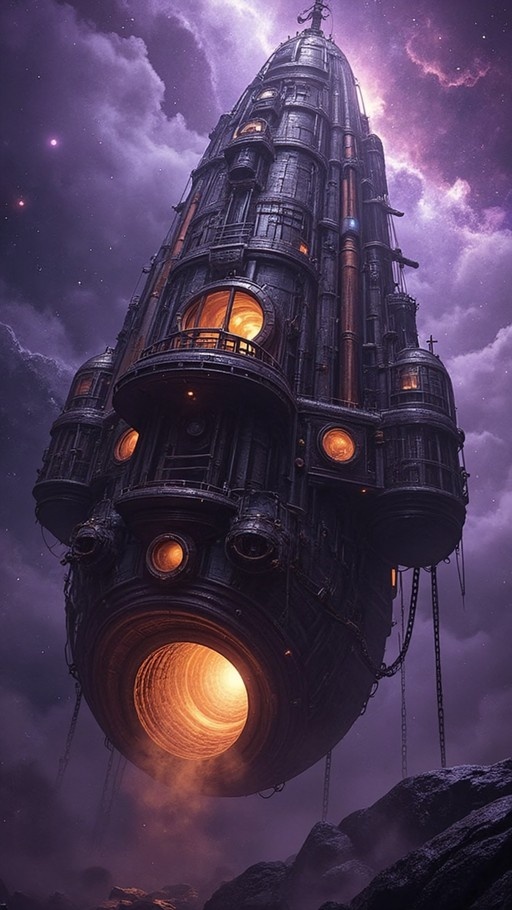 A massive dark metallic tower-ship with glowing orange windows and a large thruster hovers above rocky terrain against a starry purple sky.
