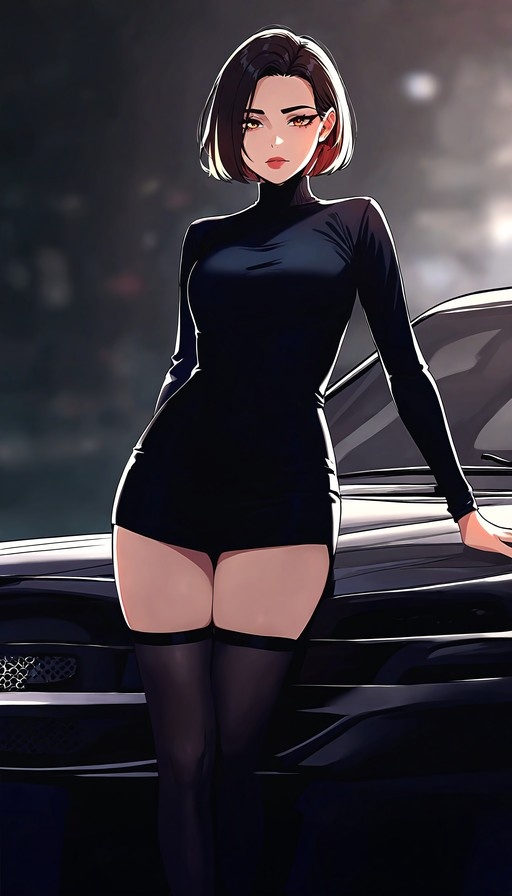 A woman with short dark hair and amber eyes in a tight black turtleneck dress and black thigh-high stockings leans against a car at night.
