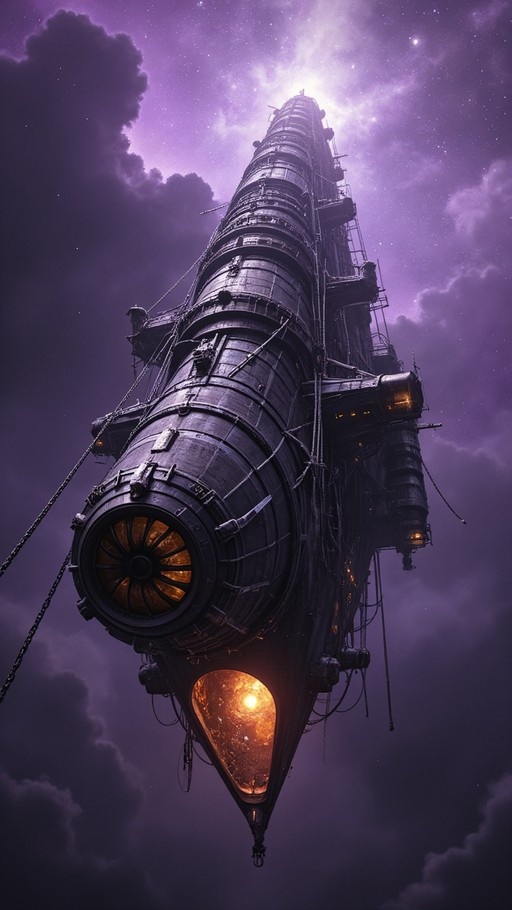 A low-angle view of a large, dark metallic airship or rocket ship floating in a purple night sky filled with stars and clouds, featuring glowing orange windows and hanging chains.