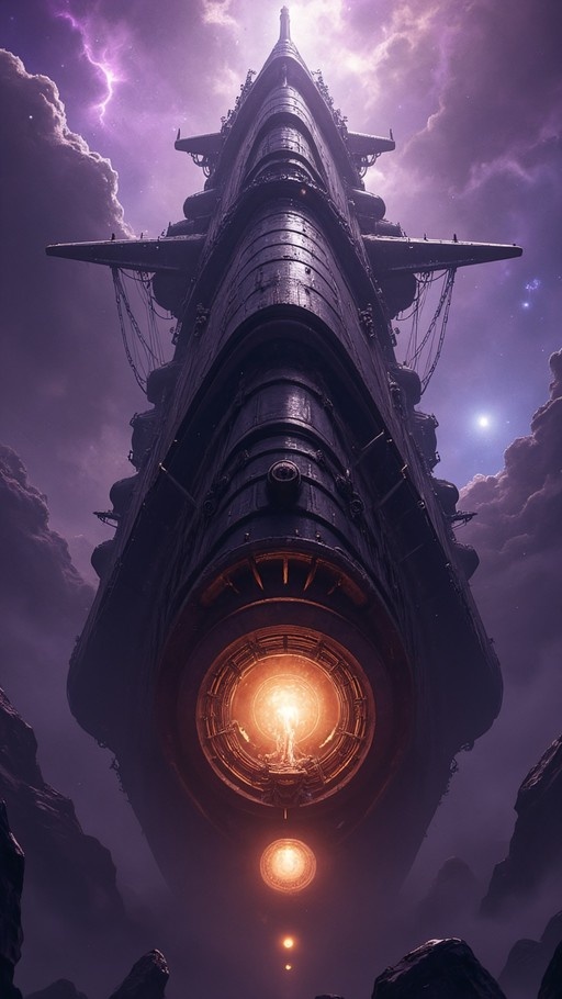 Low-angle view of a massive dark mechanical airship with a glowing orange engine core floating in a stormy purple sky.
