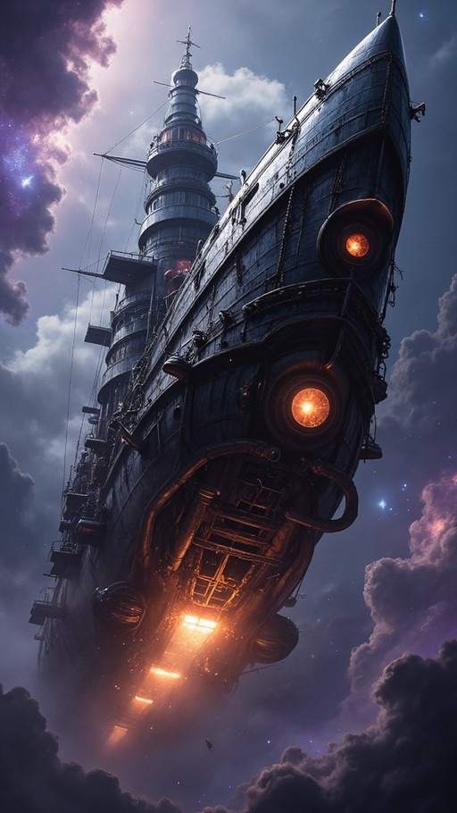 A massive dark airship with glowing orange lights floats through a purple cloudy sky.