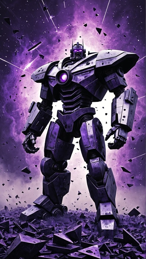 A large purple robot with glowing eyes stands in space surrounded by floating rocks.
