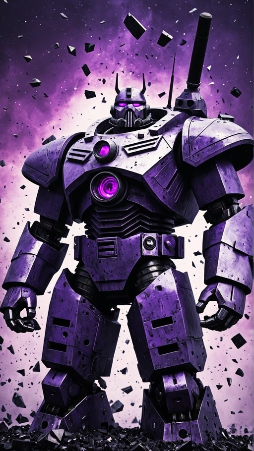 A full-body shot of a large purple mecha robot standing in space with debris floating around it, featuring glowing purple eyes and chest lights.