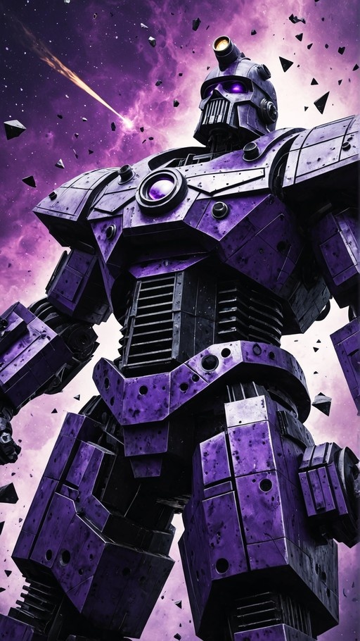 A large purple robot with glowing eyes stands in space among floating rocks.