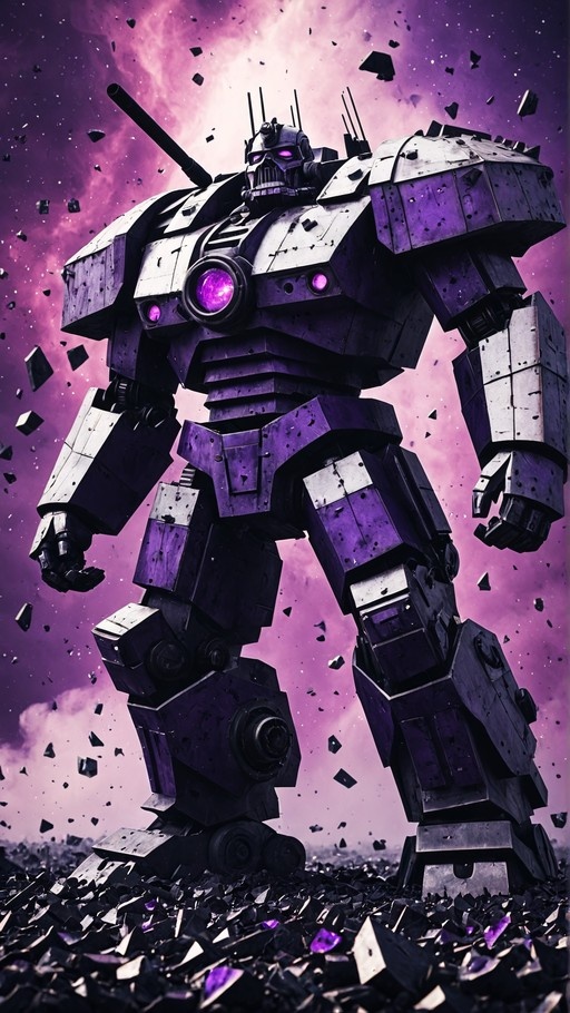 A large purple and grey Decepticon-style robot stands amidst floating debris in space, featuring glowing purple eyes and a chest light against a nebula background.