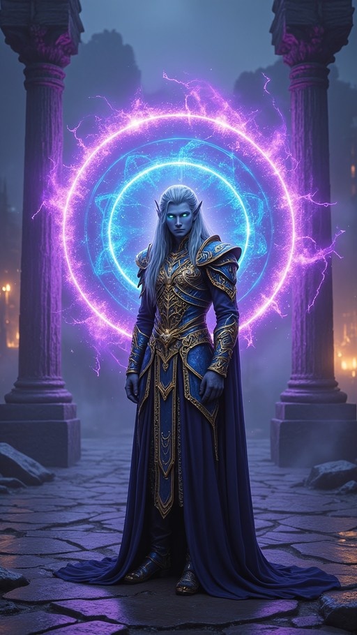 A full-body portrait of a blue-skinned dark elf with long white hair and glowing eyes standing between stone columns in front of a large, electrified magic circle.