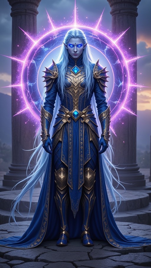 A full-body portrait of a pale blue-skinned elf with long white hair and pointed ears, wearing ornate blue and gold armor with glowing gems. He stands between two stone pillars with a large purple magical ring glowing behind him.
