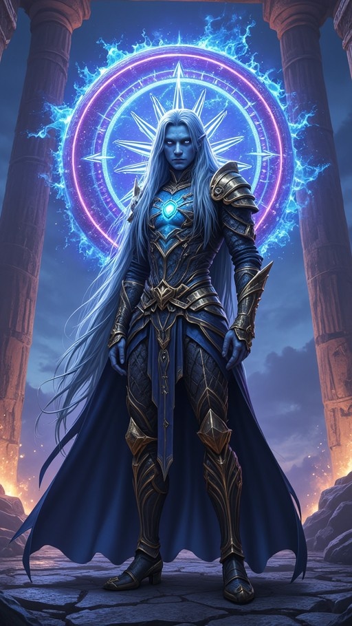 A full-body shot of a blue-skinned male elf with long white hair and pointed ears, wearing detailed dark armor with gold trim and a blue cape, standing between two large stone columns in front of a glowing magical circle.