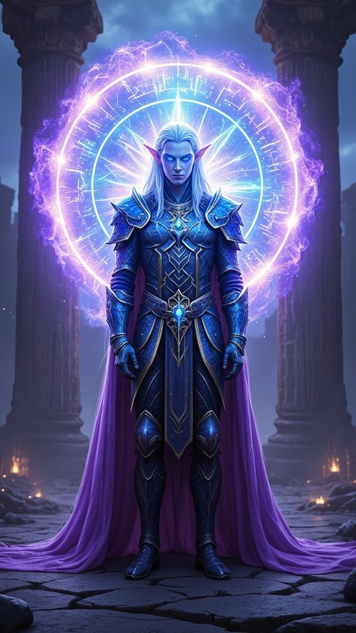 A full-body digital illustration of a blue-skinned elf warrior with long white hair and pointed ears, wearing ornate blue armor and a purple cape, standing before a large glowing magic circle between ancient stone pillars.