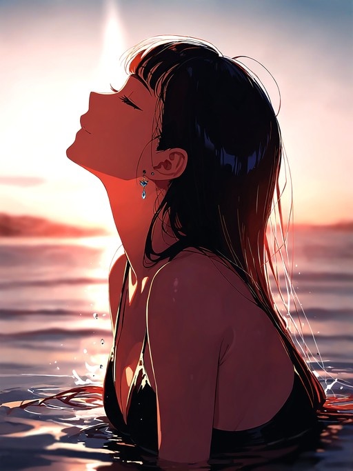 A side-profile digital illustration of an anime girl with long dark hair and a blue earring, wearing a black bikini while partially submerged in ocean water during a glowing sunset.