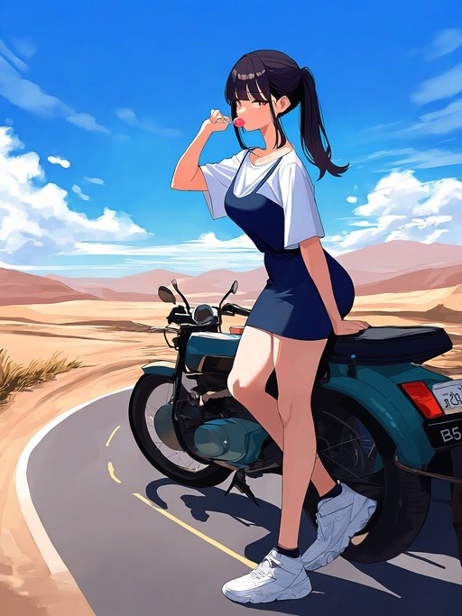 An anime-style illustration of a young woman with black hair in a ponytail standing next to a blue motorcycle on a desert road while eating a red lollipop.