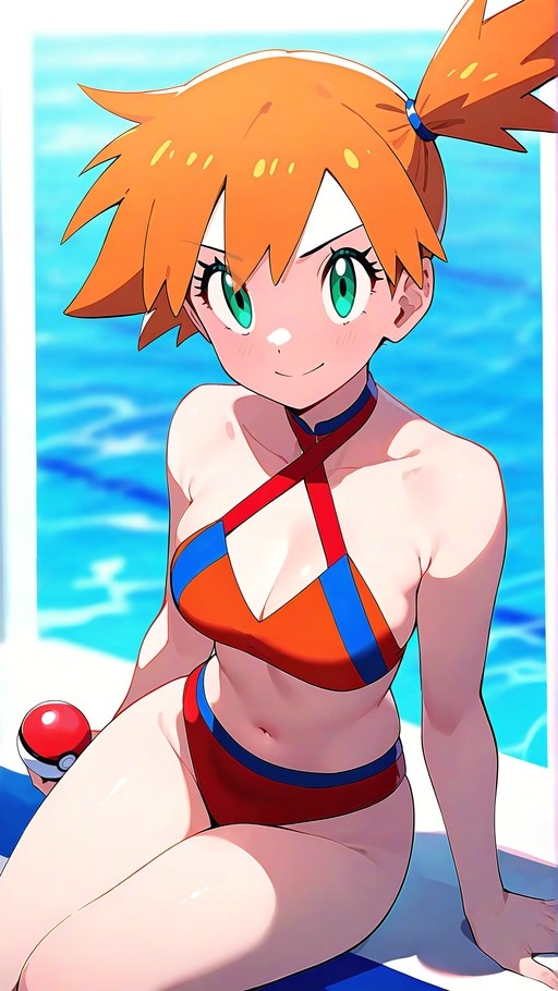 Misty from Pokémon wearing a red and blue halterneck swimsuit and holding a Poké Ball by a pool