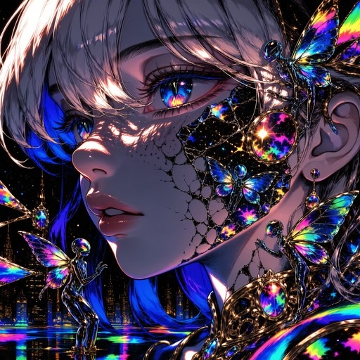 Close-up of a cracked anime-style girl's face revealing a galaxy inside, surrounded by metallic rainbow-winged fairies against a night city backdrop.