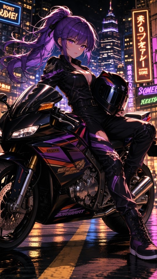 A purple-haired anime girl in a black leather biker suit sits on a motorcycle at night, holding her helmet against a backdrop of glowing city skyscrapers and neon signs.