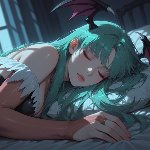 Morrigan Aensland from Darkstalkers sleeping on a bed, featuring long teal hair, bat wings on her head, and a black outfit with white feather trim and gauntlets.