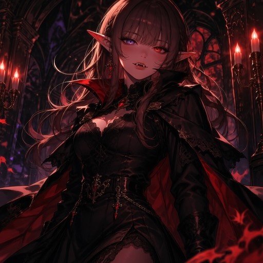 Anime-style vampire elf girl with red and purple eyes wearing a black dress and cape in a candlelit room
