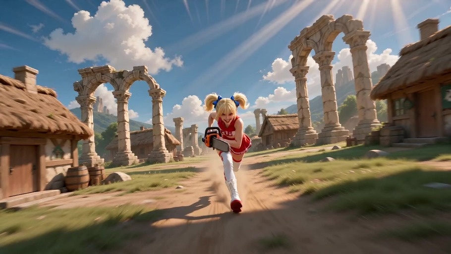 Two blonde anime girls with white angel wings stand ready to fight outdoors, one holding a chainsaw and the other a staff against a blue sky.