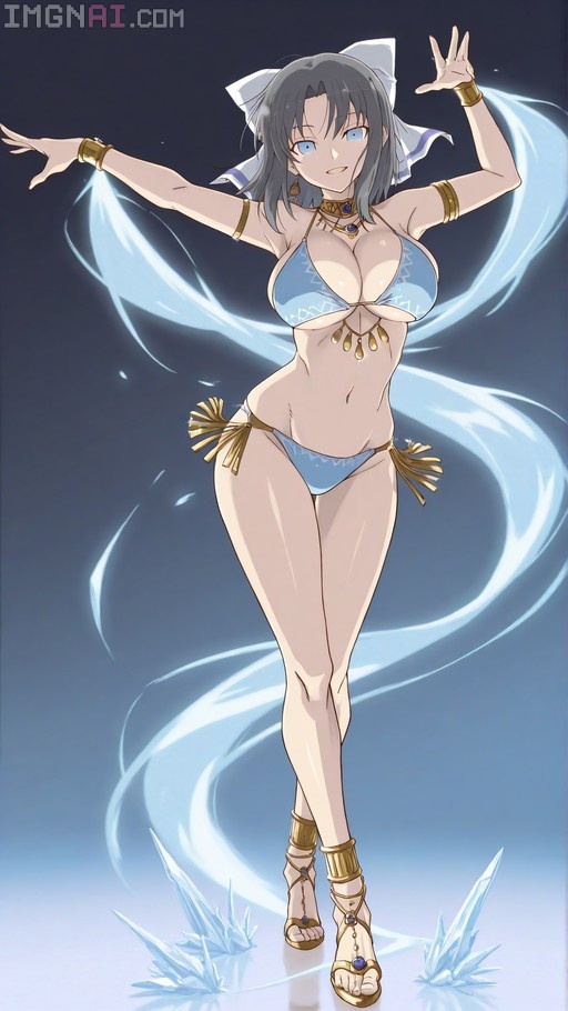Yumi from Senran Kagura wearing a light blue oriental dancer bikini and gold jewelry, surrounded by swirling ice aura.