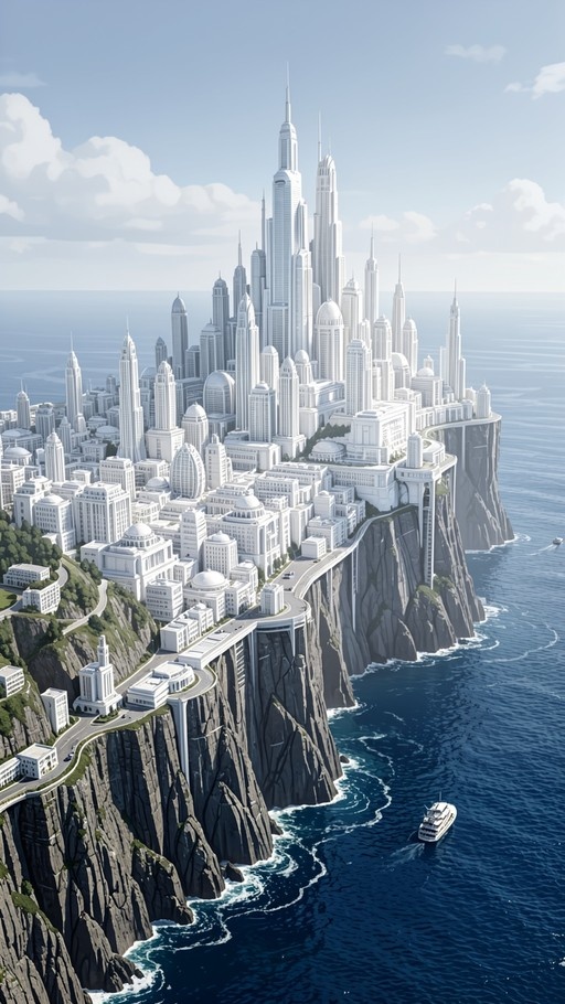 A high-angle view of a pristine white futuristic city built along the edge of steep cliffs overlooking the blue ocean with a boat in the water.