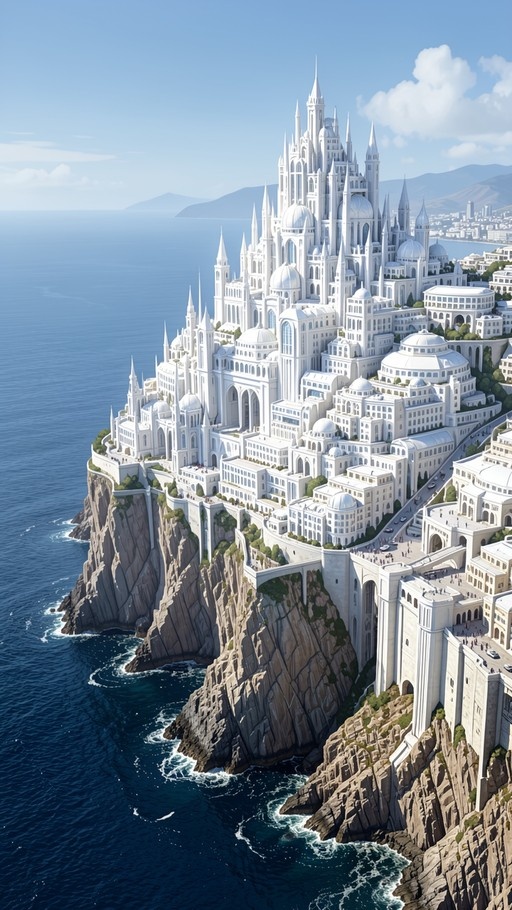 A large white fantasy castle with many spires sits on a cliff above the ocean.