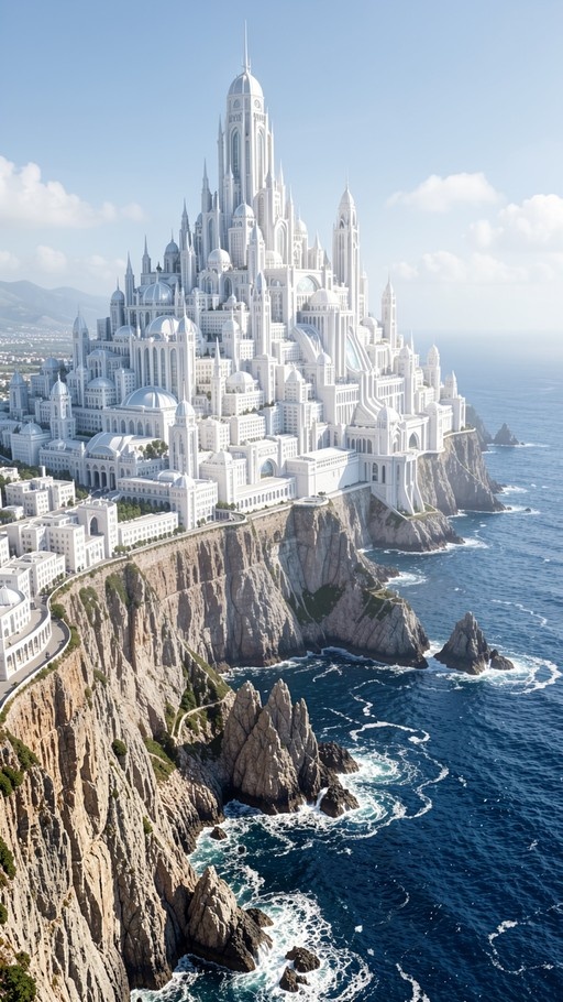 A sprawling white fantasy city with domes and spires built atop steep rocky cliffs overlooking a deep blue ocean under a bright sky.